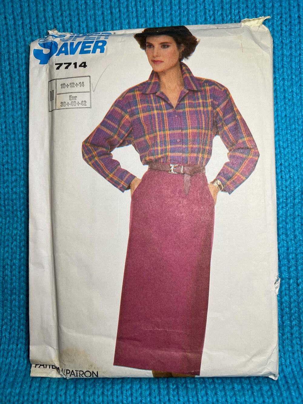 McCalls 7714 pattern Midi skirt straight button up blouse 1980s size 10 12 14